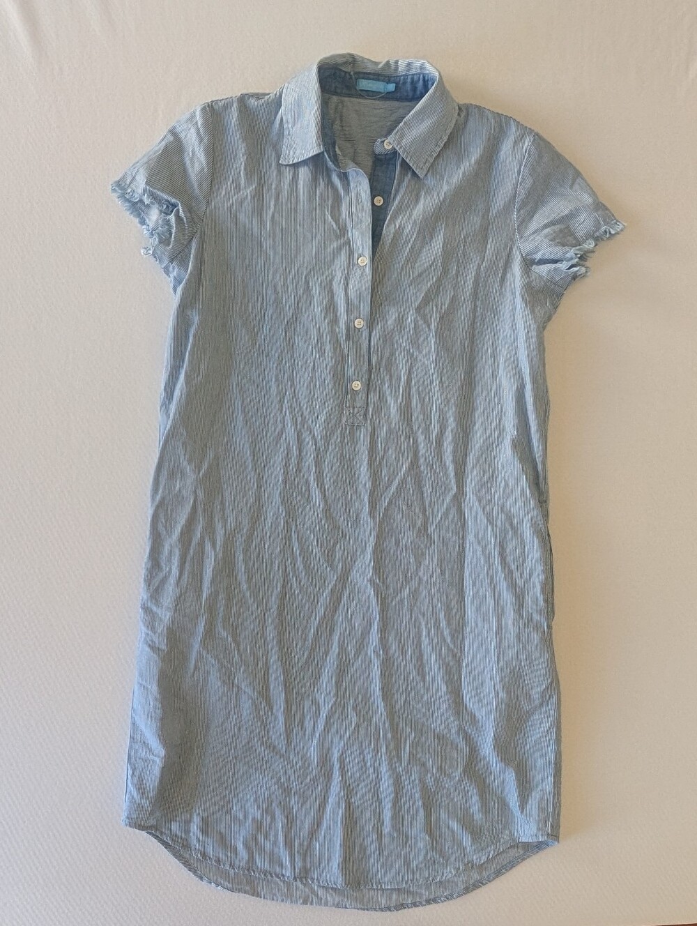 J.McLaughlin Arissa Blue White Pinstripe Cotton Shirt Dress Frayed Sleeve Sz XXS